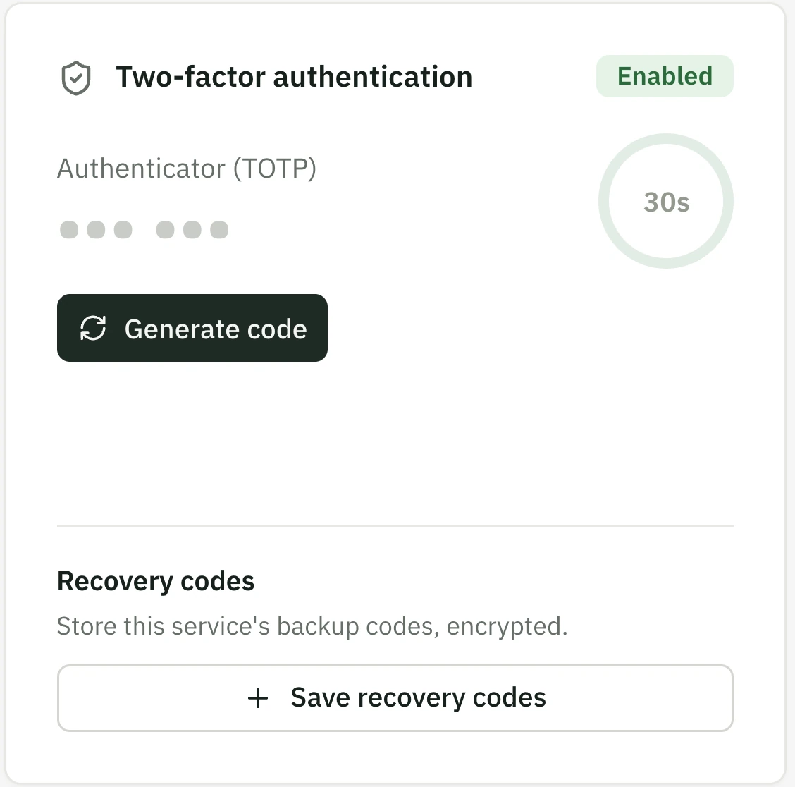 A subscription's two-factor card with a code countdown and recovery codes