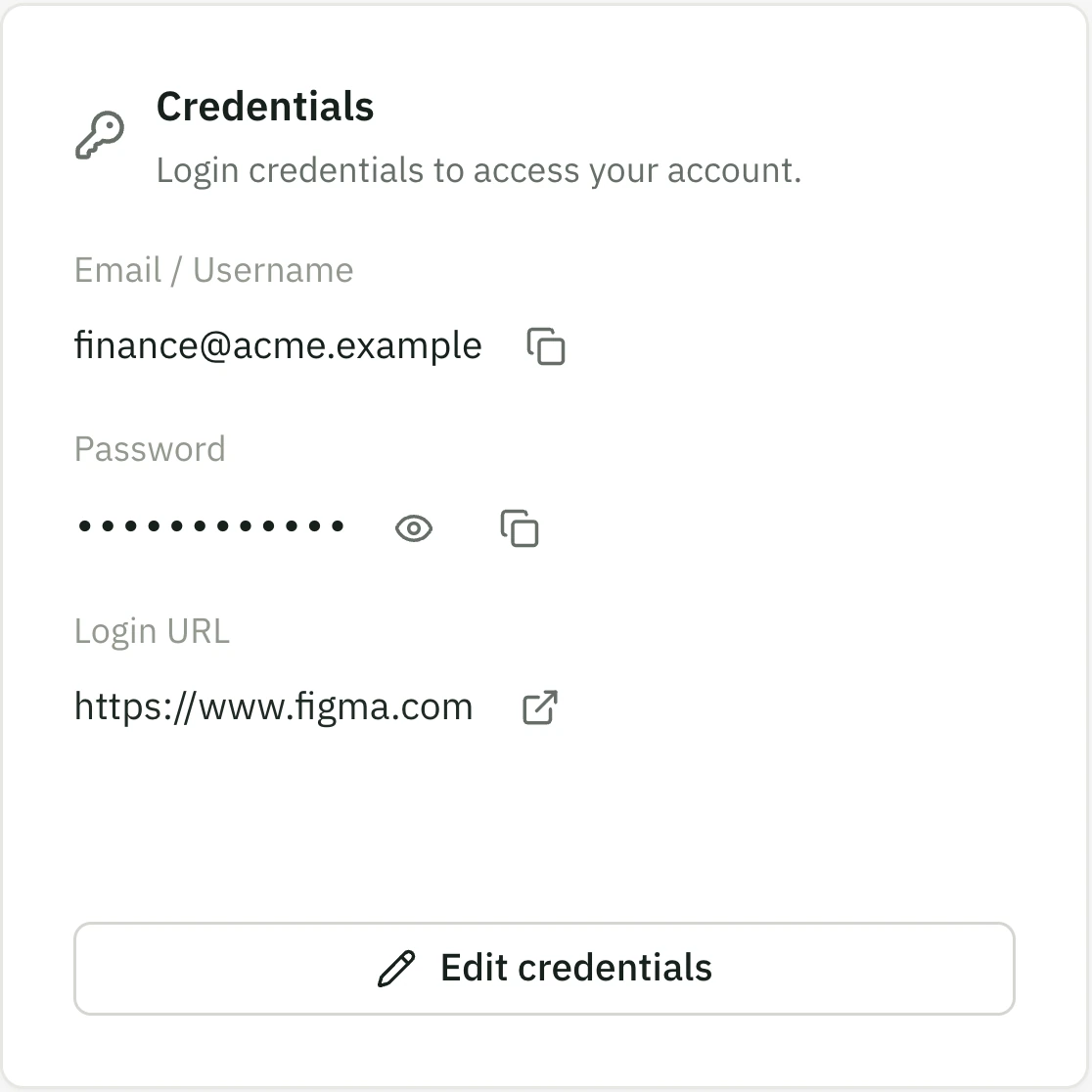 A subscription's credentials card, with the password masked